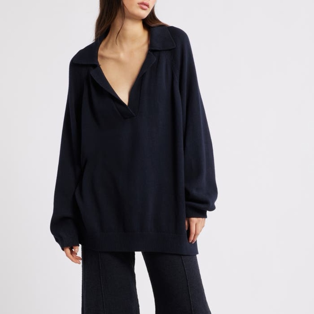 Free People Oversized V-Neck Collared Sweater